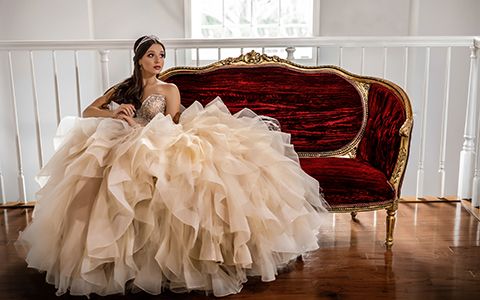 Quinceanera photography with white dress, Morilee
